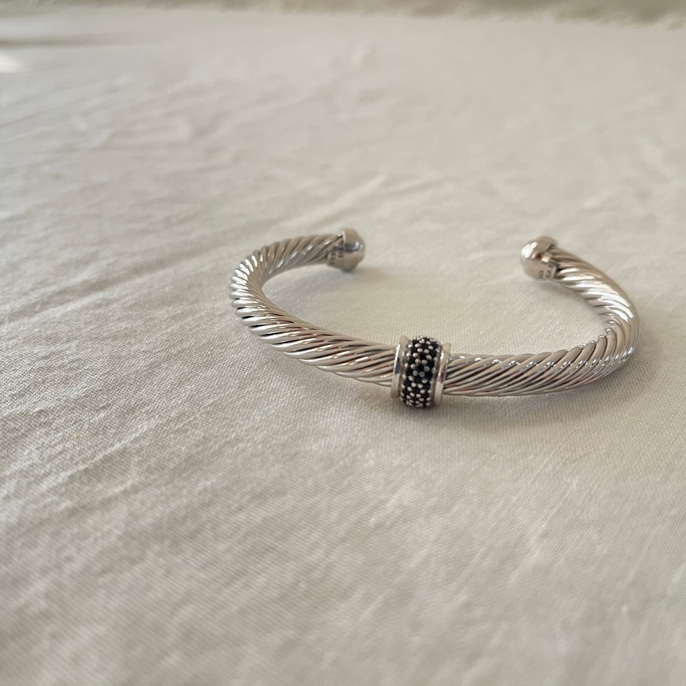 David Yurman 925 Sterling silver 7 mm Cable Station Black diamond bracelet
